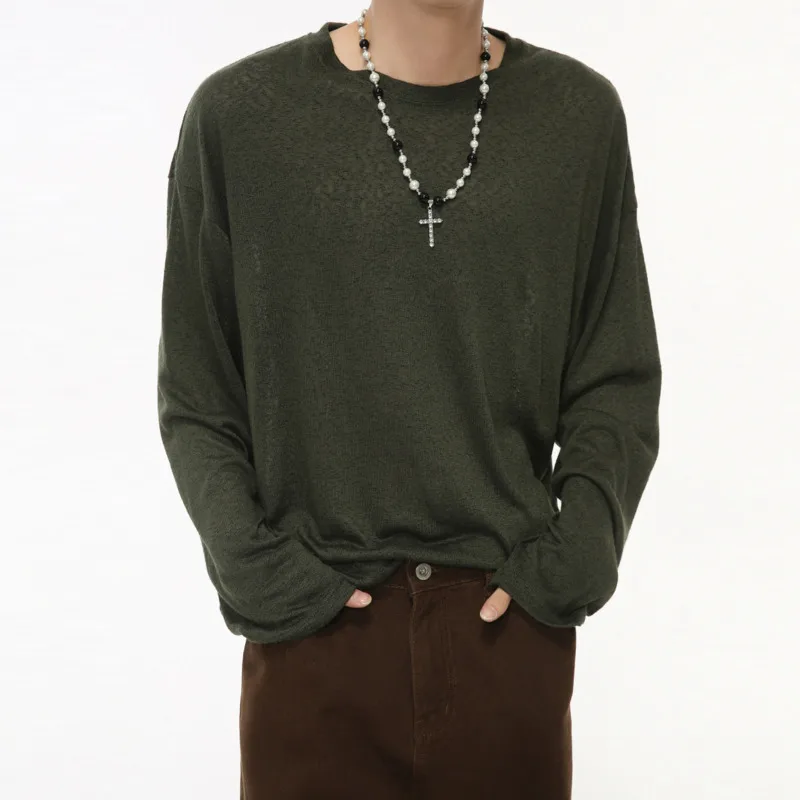 SYUHGFA Korean Style Men's Wear Sweater 2024 Autumn Loose Solid Color Thin Kintted Sweaters Round Collar Pullover Male Clothing