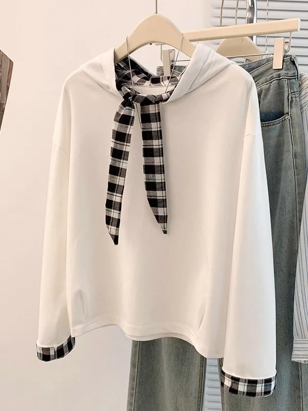 Large Size Women's Hoodie Patchwork Plaid Shoulder Length Sweatshirt Korean Style Commute Wind Regular Sleeve Long Sleeve