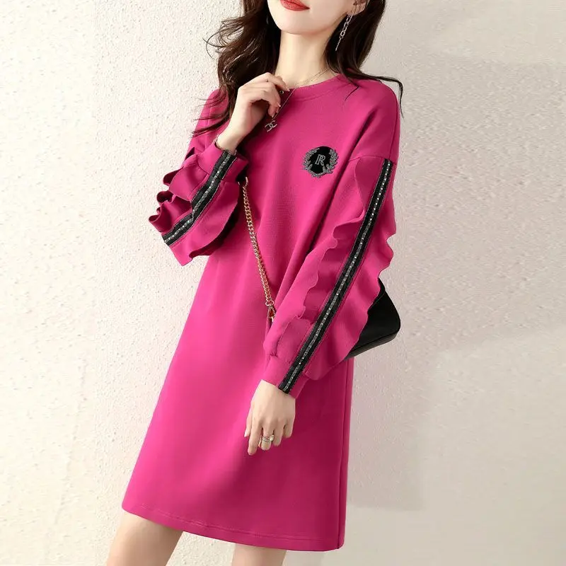 Spring Autumn New Simple Fashion Versatile Long Sleeve Medium Long Dress Lotus Leaf Sleeve Hoodie Rose Red Dress for Women