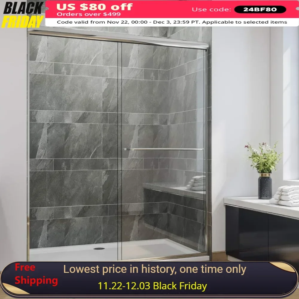 

58.5" - 60" W X 72" H Shower Doors, 1/4" Clear Glass, Chrome Finish, Semi Frameless Sliding Glass Shower Doors