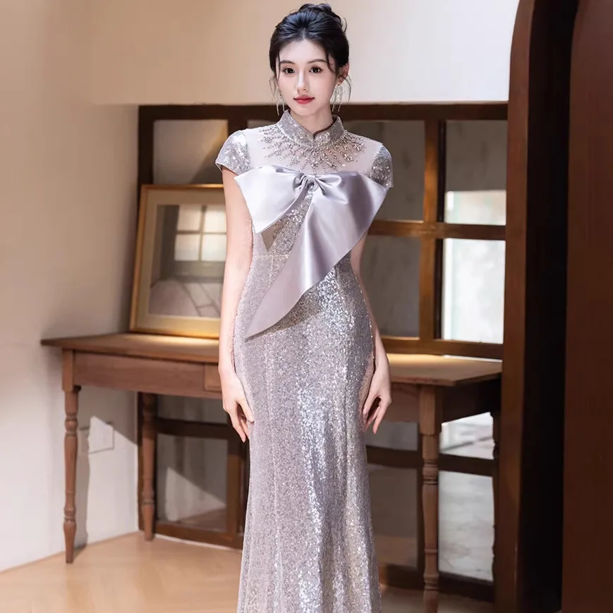 

Chinese Cheongsam Collar Sequined Skirt Evening Dress Women Banquet