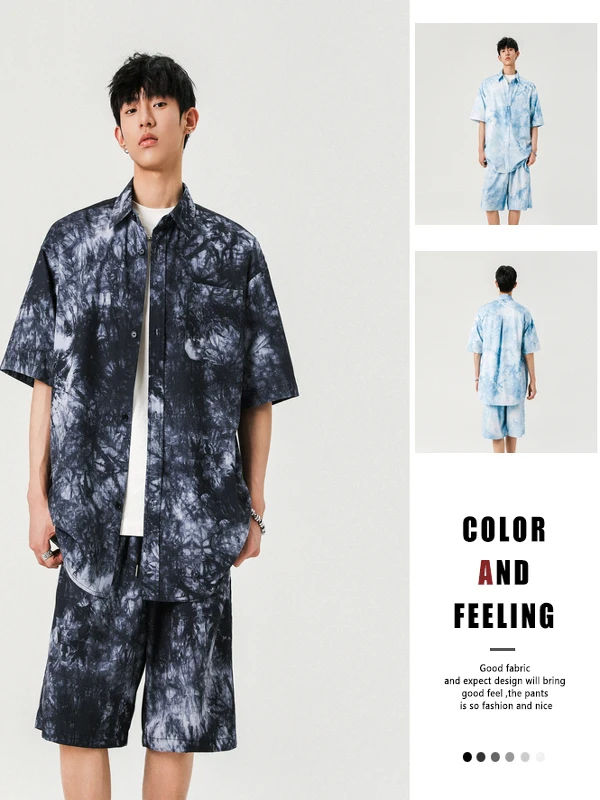 

Men's Summer ort Sve irt Casual Vaion Sle Flower Pattern Two-Piece Set Polyester Fiber Youth Faion Trend