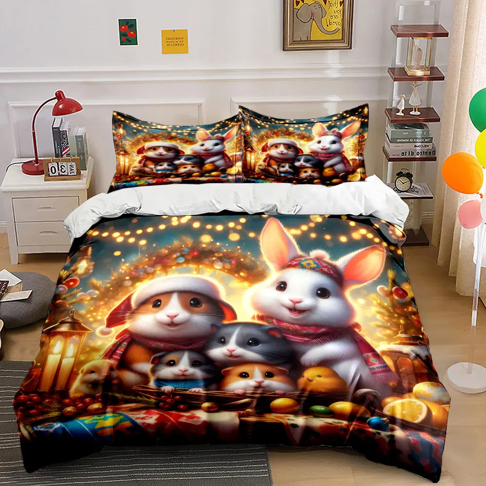Cozy Gathering of Adorable Animals Under Festive Lights Print Duvet Cover Bedding Set Included 1*Duvet Cover 2*Pillowcases