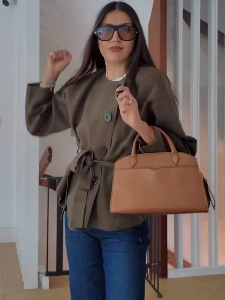 Elegante dames ronde kraag gebreide jas effen volledige mouw enkele rij knopen veterjassen vrouwelijke herfst mode trui outwears