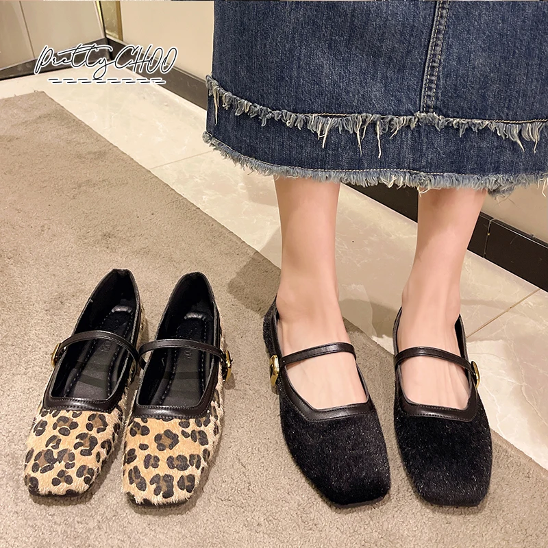 Luxury Horse Hair Leopard Print ballerine donna Classic Gold Buckle Strap Mary Janes Ladies Casual Soft Sole mocassini poco profondi