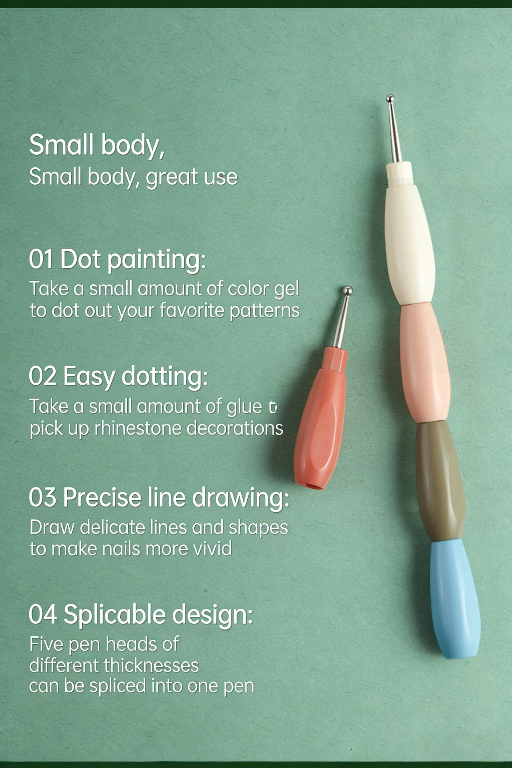 1/5 Stück ineinandergreifbare Nail-Art-Dotting-Stifte mit mehrfarbigem Griff, Liner zum Zeichnen von Blumen, Strass-Pickings, DIY-Maniküre-Werkzeuge – Detail 2