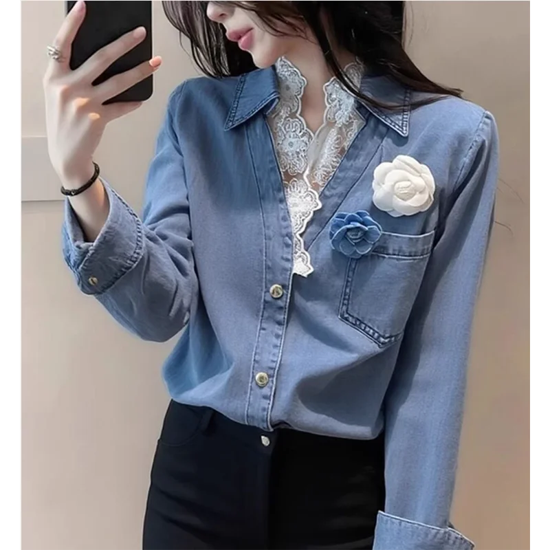 

Unique Elegant Blue Lace Splice Denim Jacket Women's Early Spring Design High-end Fashion Personality Gap Small Shirt