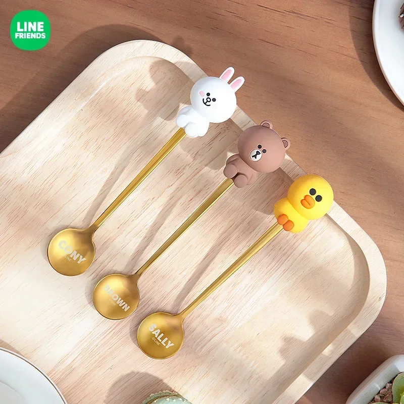 Line Friends Brown Bear Kawaii Doll Stainless Steel Metal Spoon Anime Silicone Sally Stirring Coffee Spoons Cartoon Fashion Gift