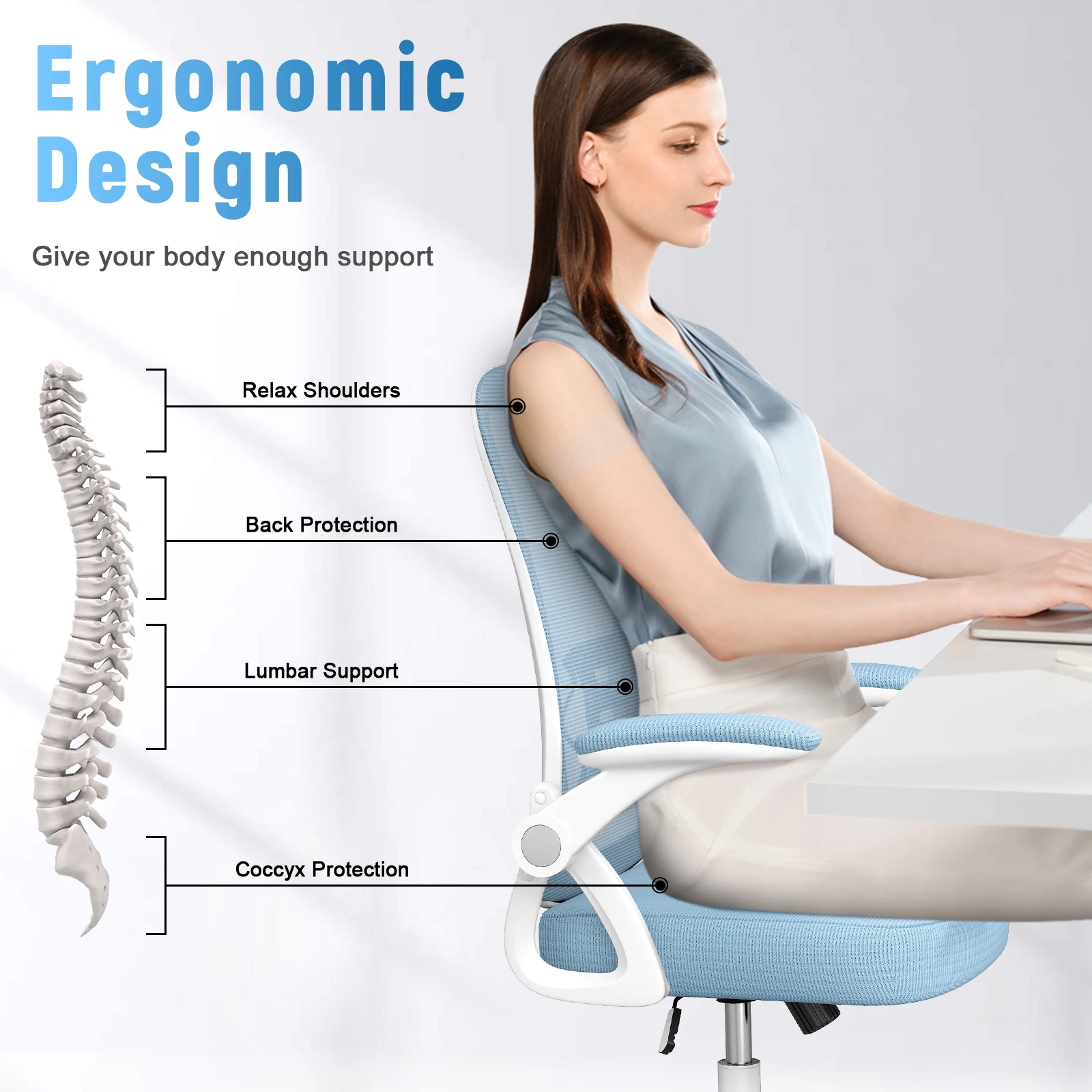 Silla de oficina ergonómica con asiento deslizante, asiento de malla, soporte Lumbar ajustable, ángulo y altura, azul, para juegos en casa