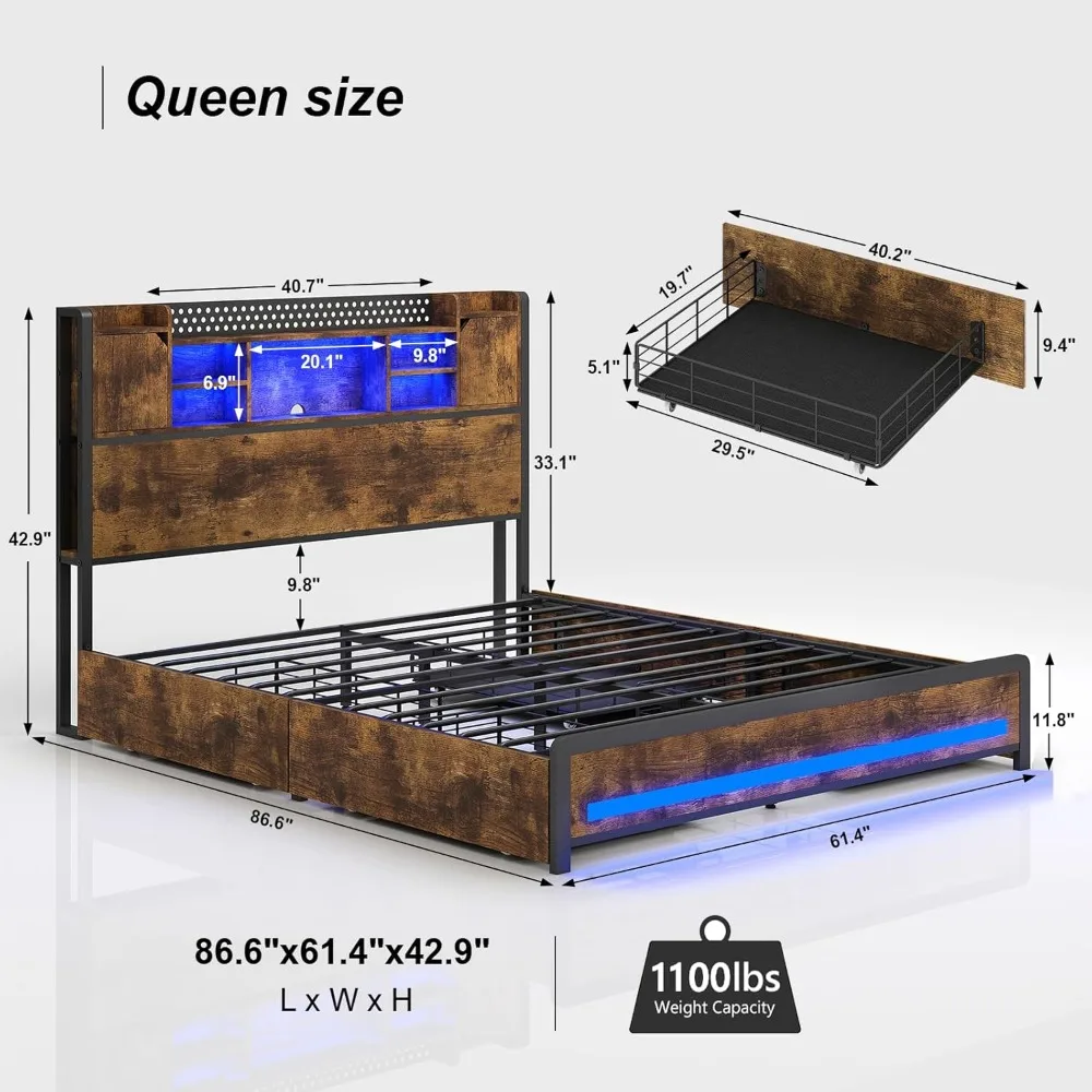 Queen Bed Frame with Storage Drawers and Bookcase Headboard, LED Bed Frame Queen Size with Type-C & USB Ports