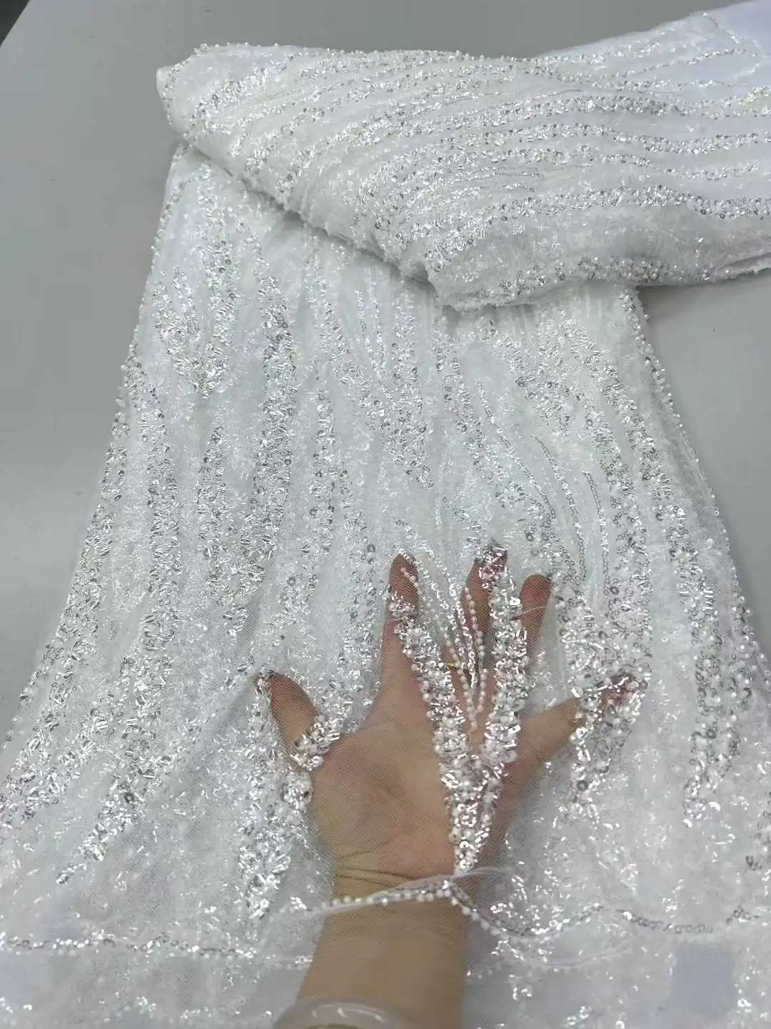 

New Arrival Nigerian African Tulle Lace Fabric With Beaded Sequins 2025 French Net Lace Fabric Embroidered Lace For Bridal Dress