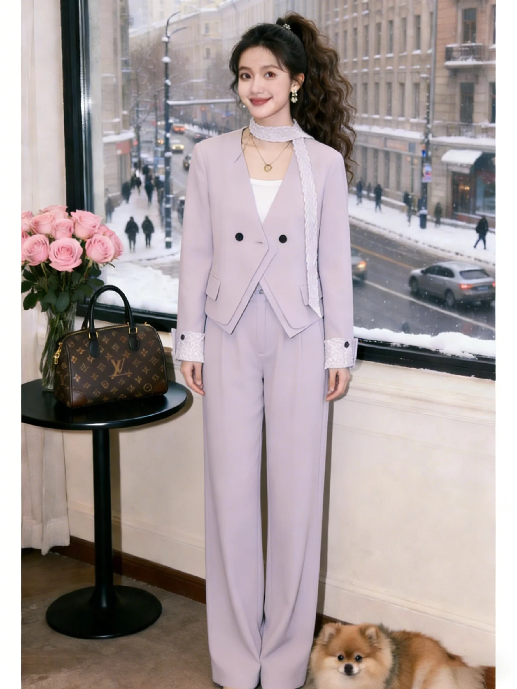 

Spring 2026 Faionable Lace Trim Suit Set Women's High Waist Wide Leg Pants Long Sve Top Ele Two Piece Set