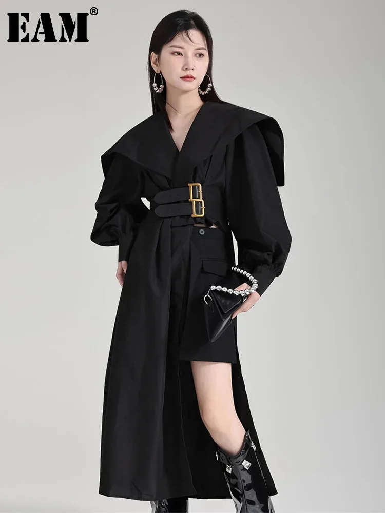 [EAM] Women Black Irregular Shirt Dress New Lapel Lartern Long Sleeve Belt Waist Loose Fashion Tide Spring Autumn 2024 1DH2257