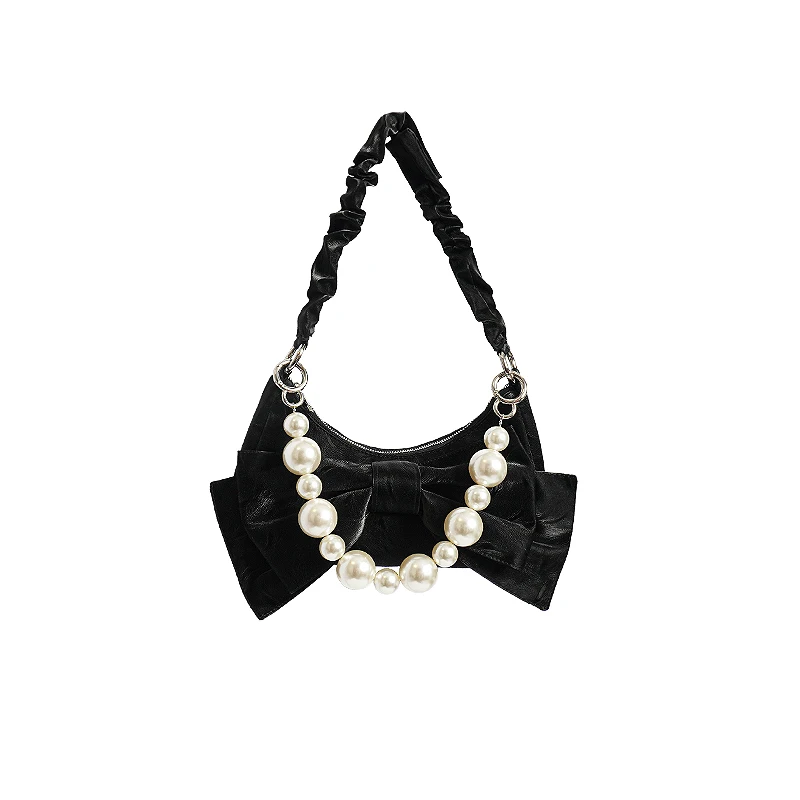 Spice Girl Pearl Bow Solid Color Underarm Folded Bag, One Shoulder Crossbody Women's Bag