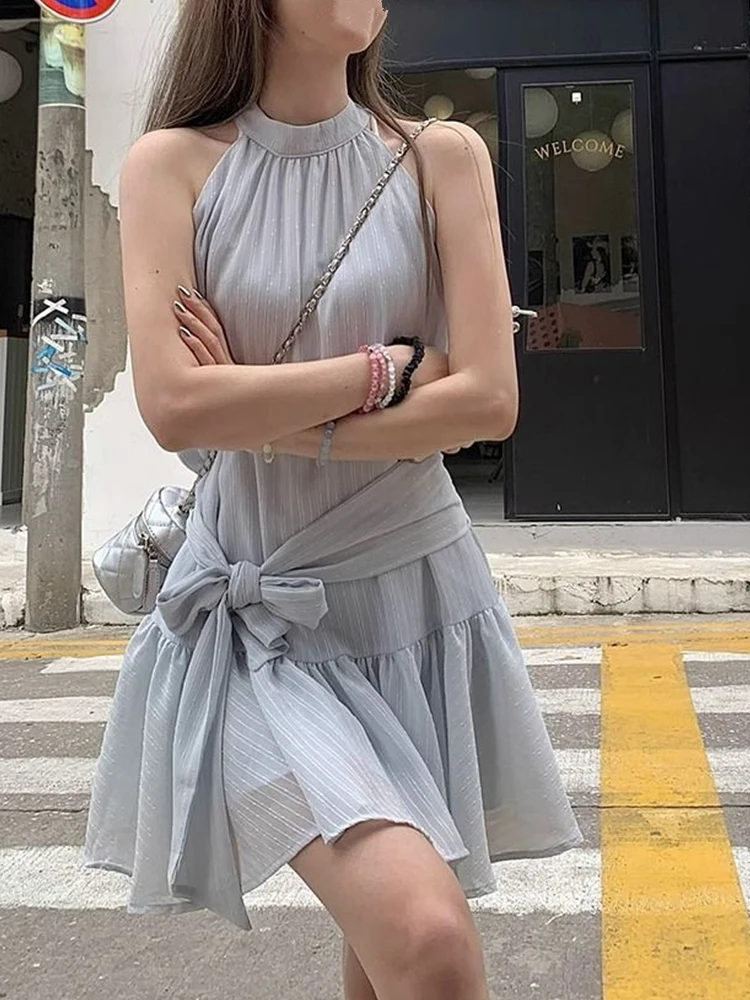 Elegant Fairylike Neckline Sleeveless A-Line Short Dress Hanging Neck Design High Waist Slim Fit Perfect for Holiday And Casu...
