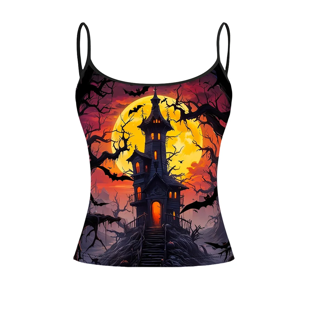 Summer Women's Print T-shirt Straps top Gothic Casual Breathable Micro Elastic Fabric Sleeveless Straps sling Vest