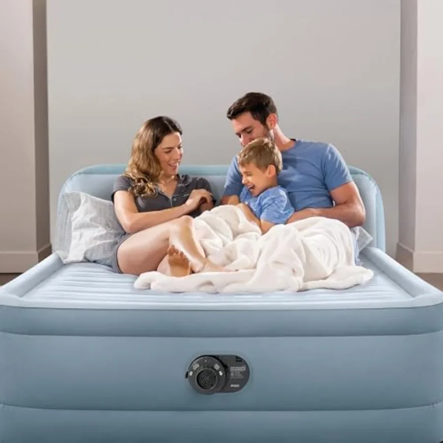 Queen size air mattress for home use, Fiber-Tech material, gray color, built-in electric pump and headboard for comfort and sup