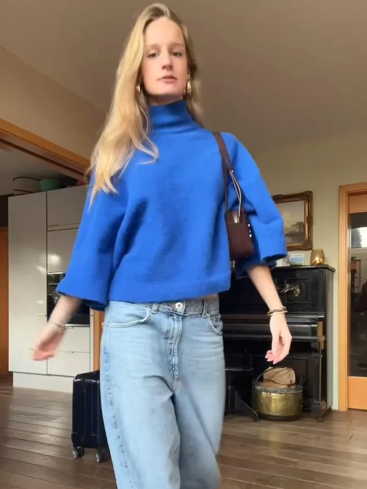 Einfarbiger Damen-Pullover mit Stehkragen, Langarm, Kurz Geschnitten, Modischer Warmer Frühlings-Streetwear-Pullover für den Alltag 2026