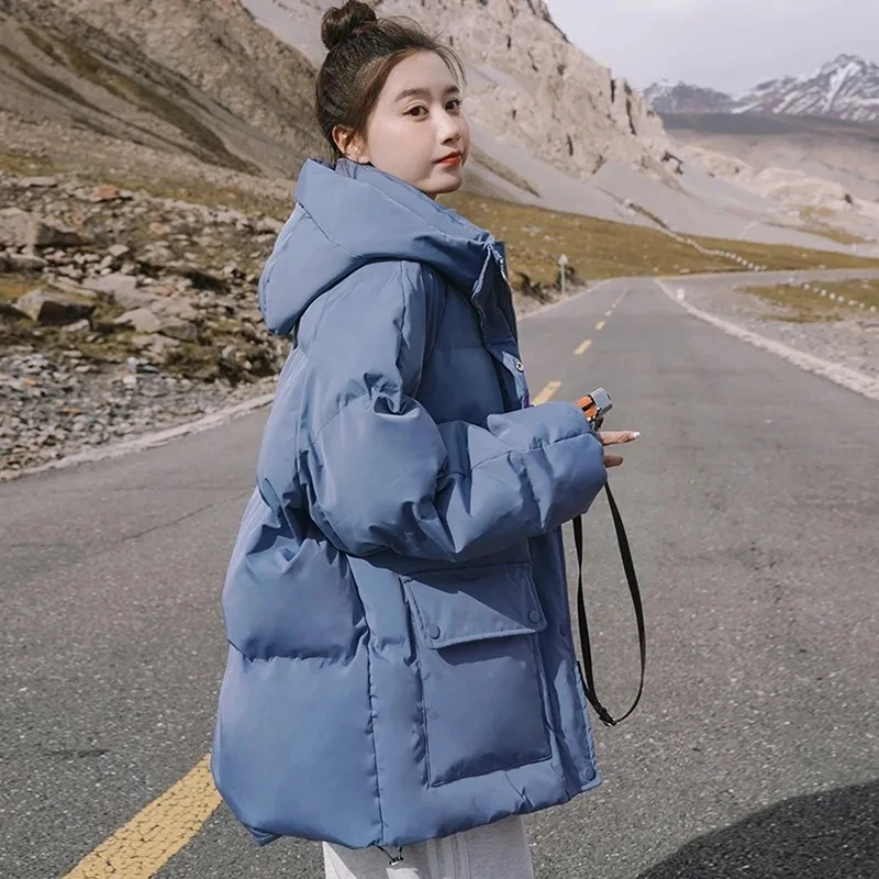 2025 New Women's Loose Plus Thick Winter Hooded Flannel Coat Versatile Solid Color Down Jacket Winter Foggy Blue Women's Coat