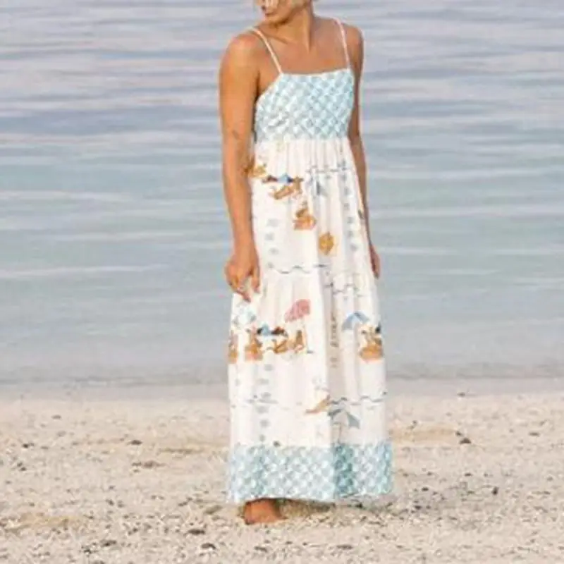 Combhasaki ผู้หญิงฤดูร้อนแขนกุดปรับสายรัด Backless Cutout สแควร์คอความงามพิมพ์ดอกไม้ Flowy A-Line ชุดยาว