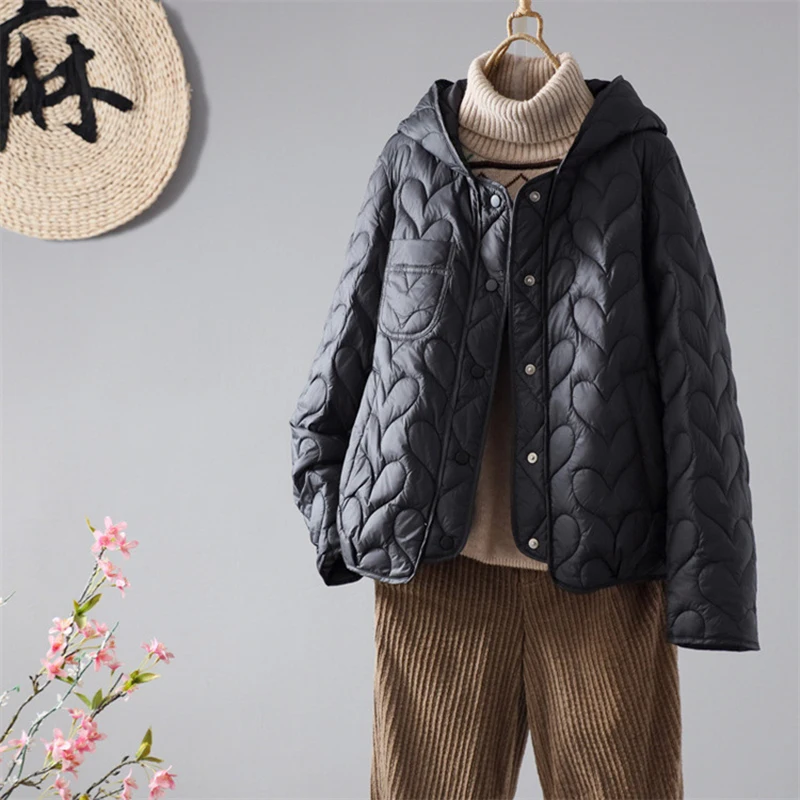 Schinteon Damen-Daunenjacke, leicht, 90 % weiße Ente, lässig, locker, Herbst-Winter-Outwear mit Kapuze, koreanischer Stil, Mantel, 2025, neu