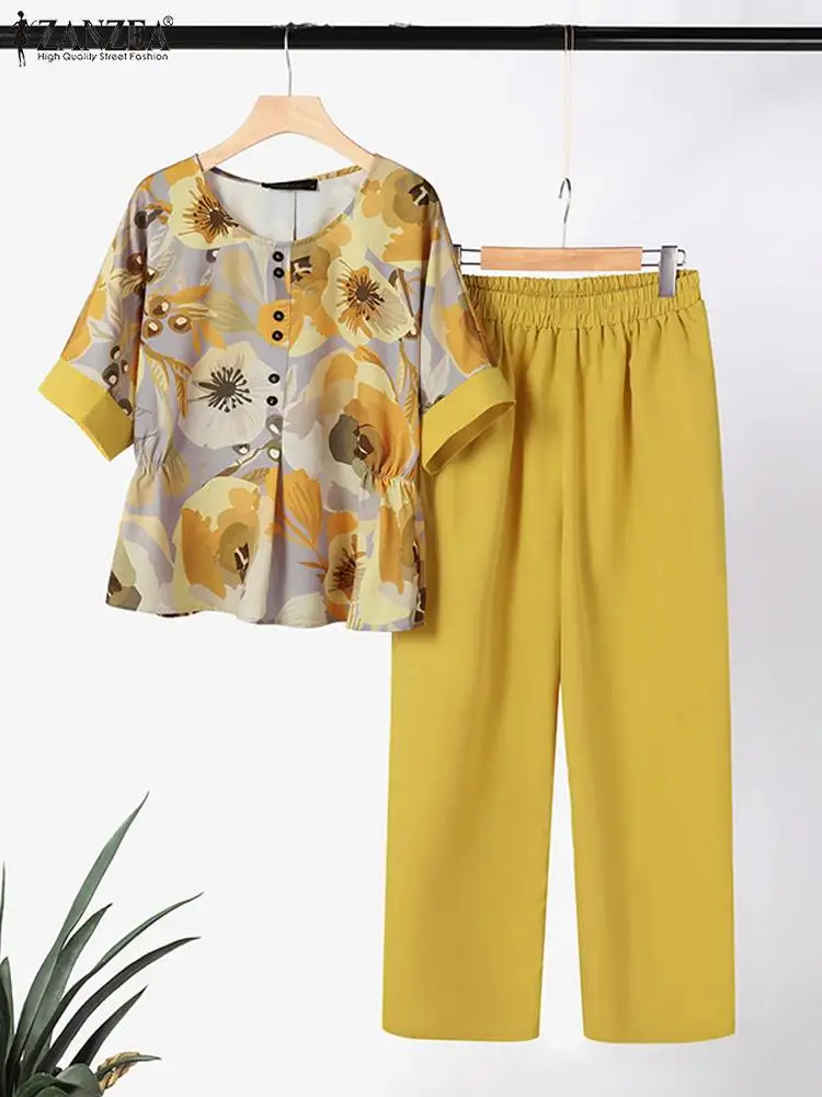 ZANZEA-Conjunto de pantalón y Blusa de manga corta para mujer, chándal con estampado de piezas, cuello redondo, informal, 2 piezas