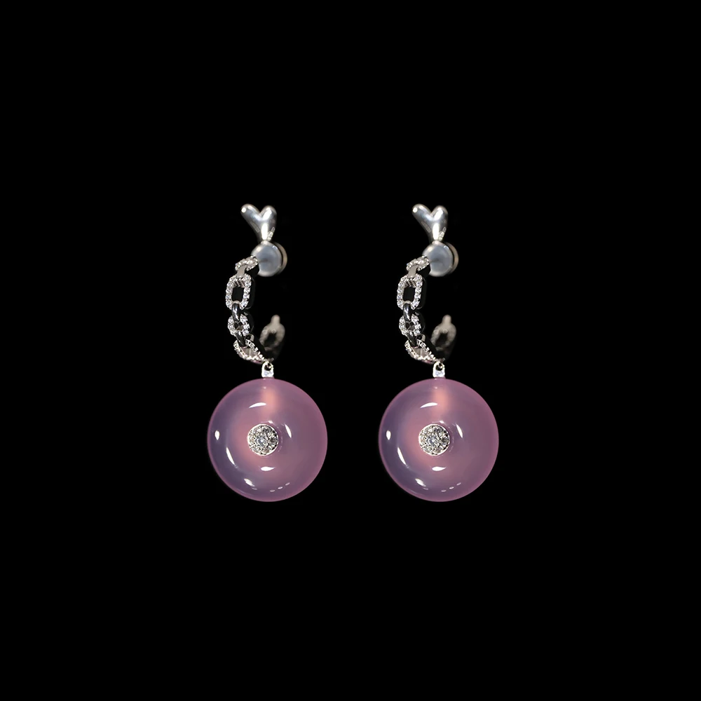 

AB/925 Pure silver inlaid zircon with pink purple chalcedony elegant banquet earrings women's jewelry