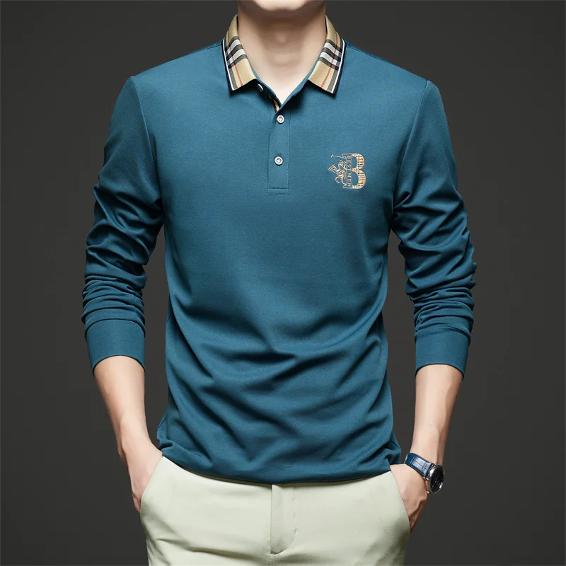 Modisches, hochwertiges, besticktes Herren-Polohemd aus Baumwolle, Herbst-Revers-T-Shirt in Kontrastfarben, lässige, vielseitige Herrenbekleidung – Detail 7