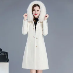 High-quality Woolen Coat White Mink  Jacket Women's Long 2022 Autumn Winter New Hooded Woolen Collar Woolen Coat Fleece