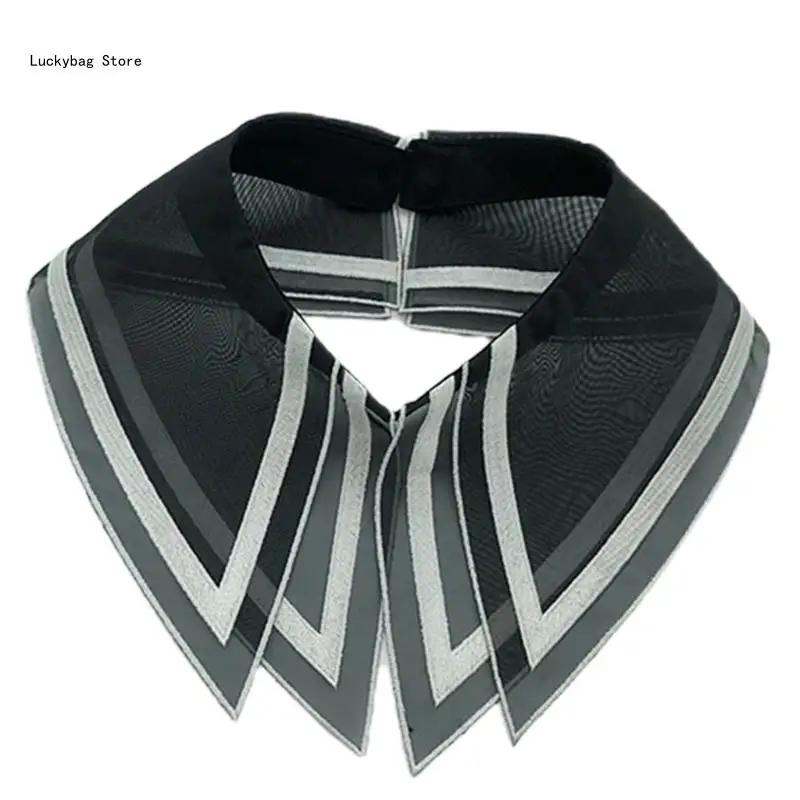 Women Elegant Double Layer Organza Fake Collar Striped Print Triangular Pointed Lapel Choker Necklace Detachable Dickey