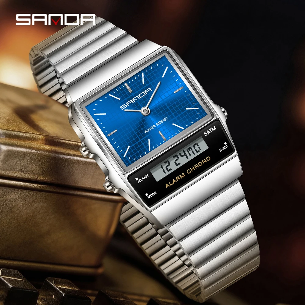 Montre SANDA 3364 multifonctionnelle à double affichage, réveil lumineux, calendrier, montres pour homme, montre électronique à quartz tendance pour homme