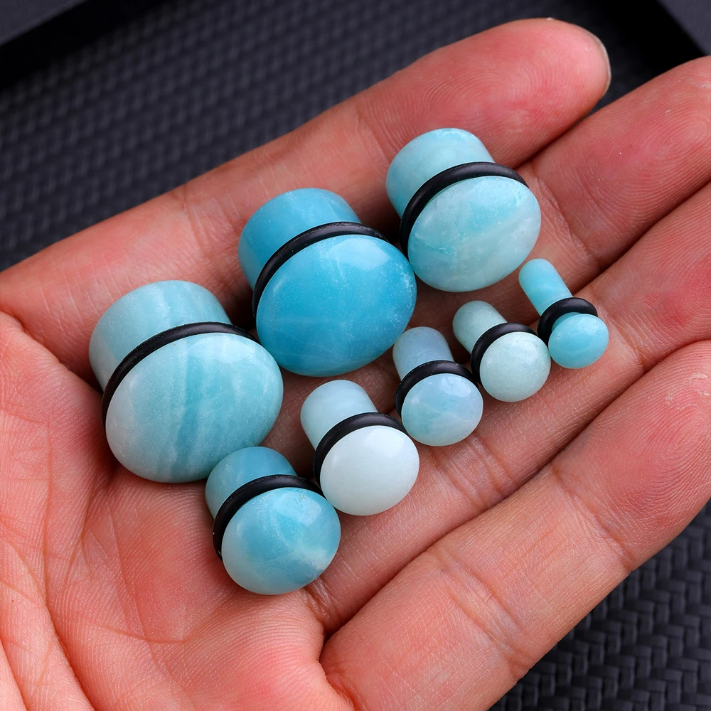 Natural Amazonite Stone Piercing Flesh Ear Stretcher Plug and Tunnels Single Flare Ear Expander Gauges Kit Piercing Body Jewelry