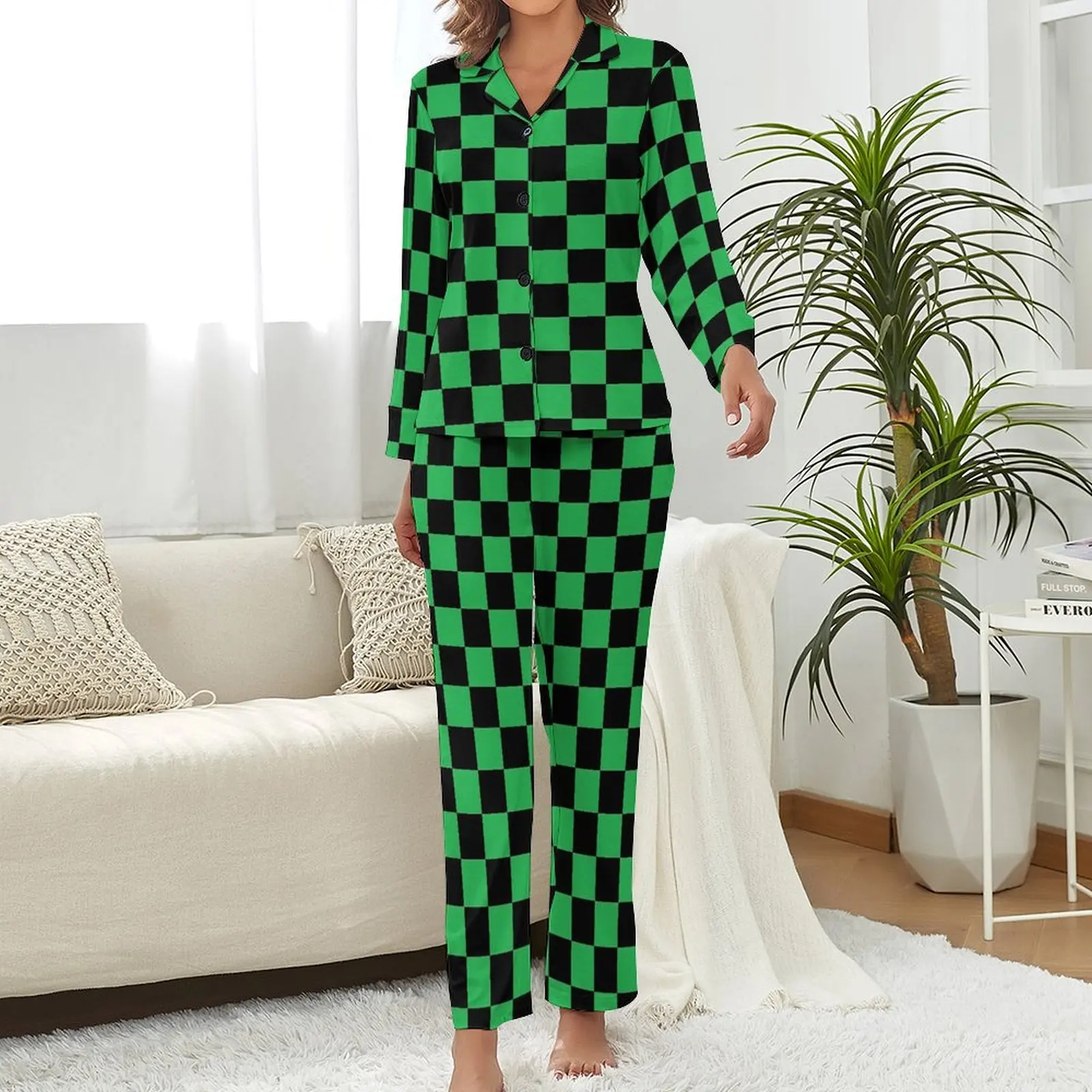 Vintage Check Print Pajamas Long Sleeves Black And Green Two Piece Casual Pajama Sets Spring Female V Neck Cute Sleepwear