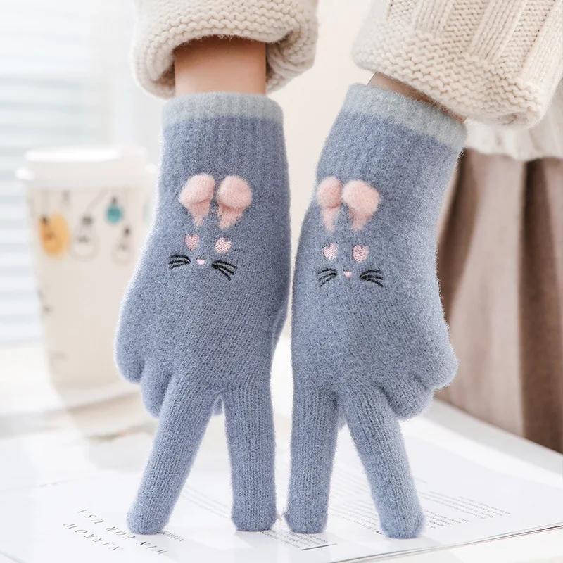 

Women Winter Keep Warm Touch Screen Cute Lovely Sweety Cartoon Cat Embroidery Knitted Gloves Cold Protection Soft Cycling