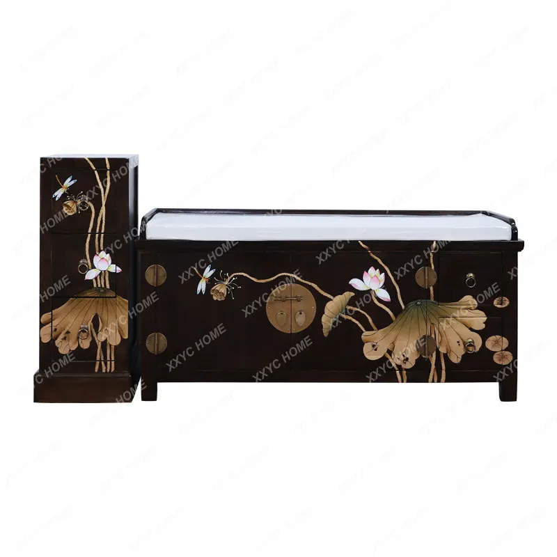 

Zen chinese style camphor wood painted foyer changing shoe stool solid wood storage stool