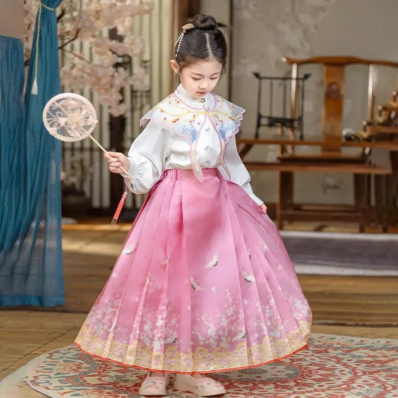 Girls Chinese Style Horse Face Skirt Modern Wear Kids Hanbok Hanfu Dress Children Daily Clothing Skirt Three Pieces Hanfu Suit