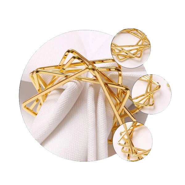 結婚式や誕生日パーティーの装飾のための金属製ナプキンホルダー、ポリゴンスターのデザイン、ゴールドリング、10個