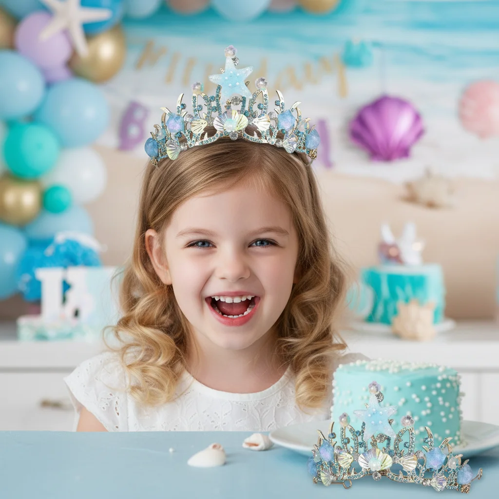 2pcs Princess Crown Glittery Plastic Headbands for Ocean Theme Birthday Party Kids Costume Accessories Sparkling Sea Star