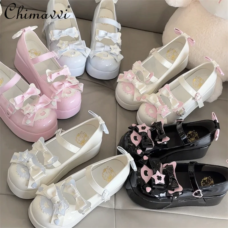 Japanese Lolita Mary Jane Shoes Sweet Bow Round Toe Platform Heels Preppy Style Daily Heels Women Kawaii Leather Shoes Student