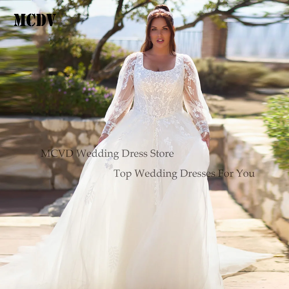 

MCDV Plus Size Wedding Dresses Backless Detachable Sleeve A-Line Bride Gowns For Women Applique Boho vestido de noiva Customized