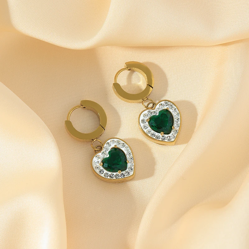 EILIECK 316L Edelstahl 1 Set Herzförmige Grüne Kristall-Halskette Ohrringe für Frauen Mädchen Mode-Schmuckset Geschenk Party – Detail 22