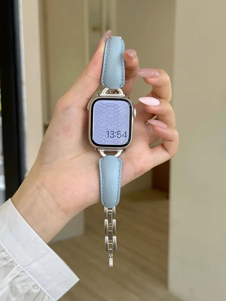 

Luxury Leather Band For Apple Watch Ultra 10 9 8 SE 7 6 5 Women Metal Bracelet Strap For iWatch 38mm 40 41mm 42mm 45mm 46mm 49mm