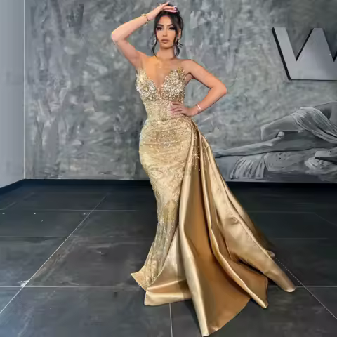 Gold Party Dress Arabic Evening Dresses 2026 Customized Crystals Cocktail Celebrity Dresses Mermaid Prom Dress With Overskirt