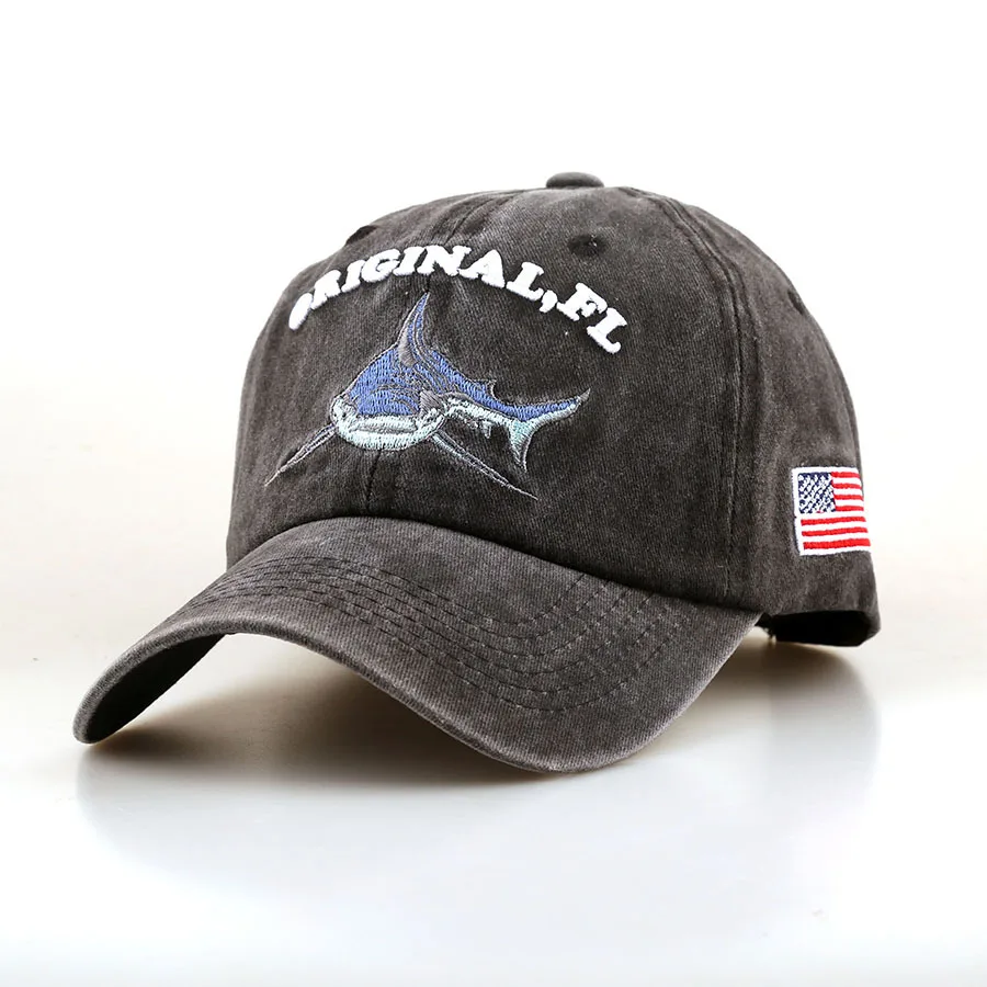 FL Shark Embroidery Baseball Cap, Vintage Washed Camping Hat with an American Flag Emblem, Available in Multiple Colors.