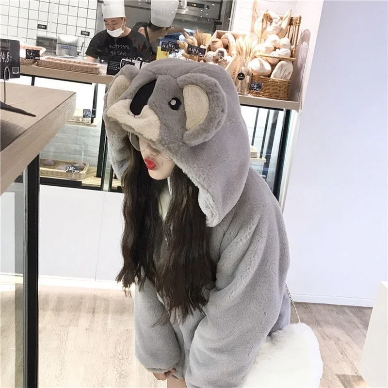 Women Cute Plush Thick Warm Spring Autumn Jacket Kawaii Koala Ears Hooded Sweatshirts Lovely Girl Student Furry Hoodies Jackets