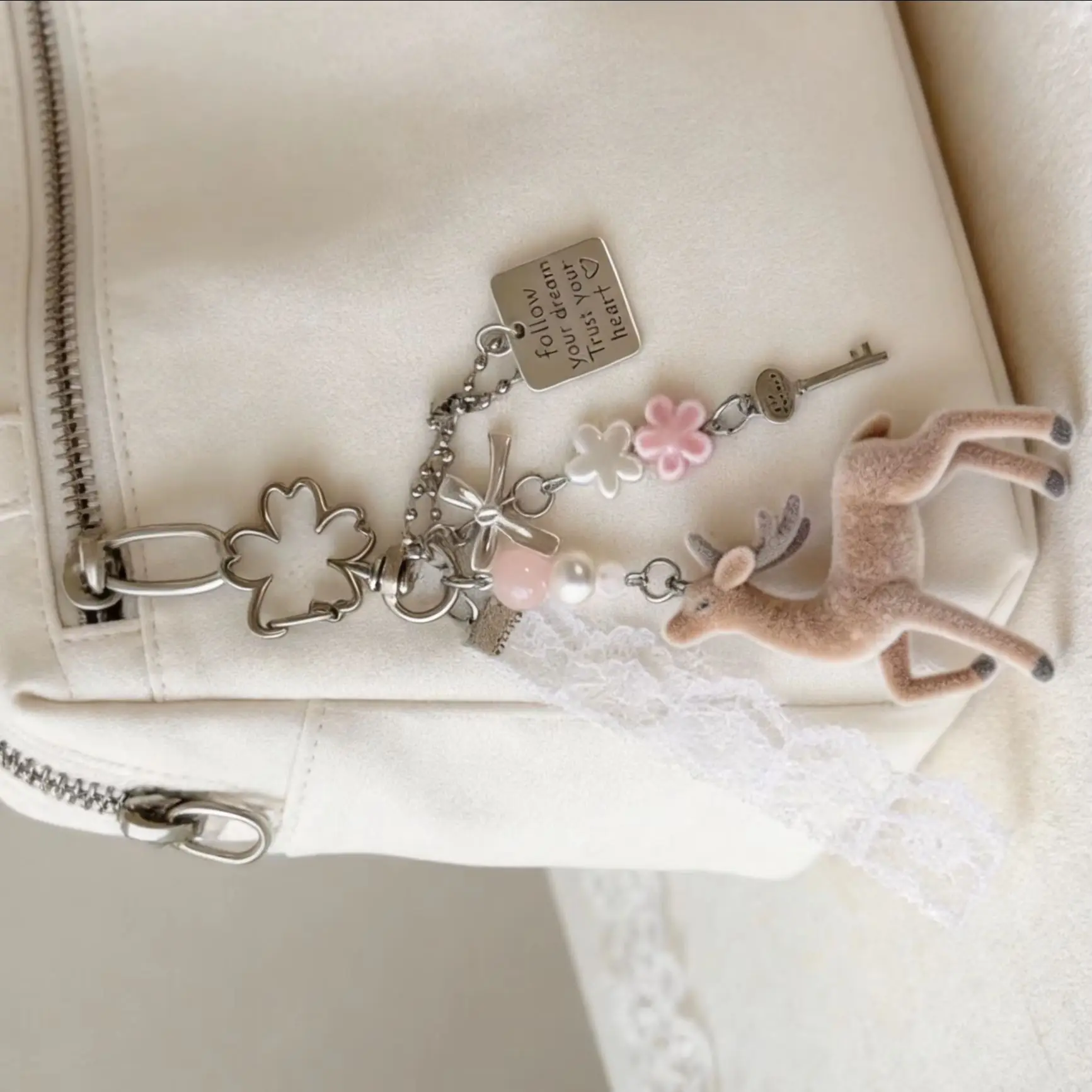 Cute Flocking Deer Keychain 11.5cm Length Korean Style DIY Bead Case Handmade Phone Charms Bag Pendant