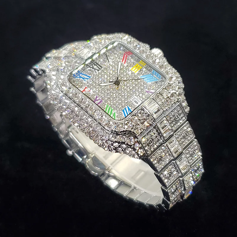 UNIGUET 2025 ساعة ماسية رجالية فاخرة قوس قزح الهاتفي كوارتز التقويم الهيب هوب مثلج خارج ساعة اليد الإكسسوارات للرجال