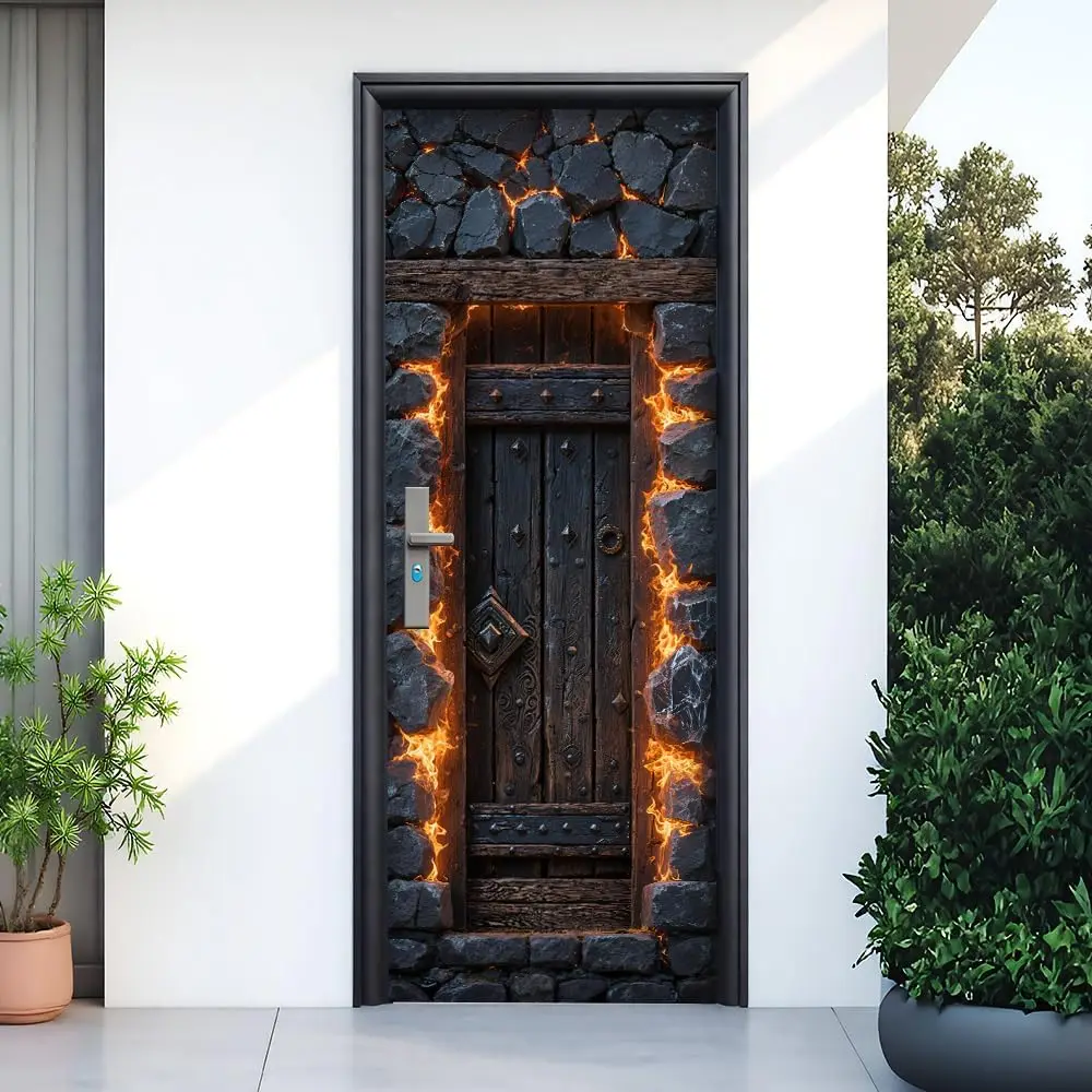 

Gothic Lava Door Sticker, Removable Wallpaper, Realistic Hell Fire Wood Door Print for Bar & Party Decoration
