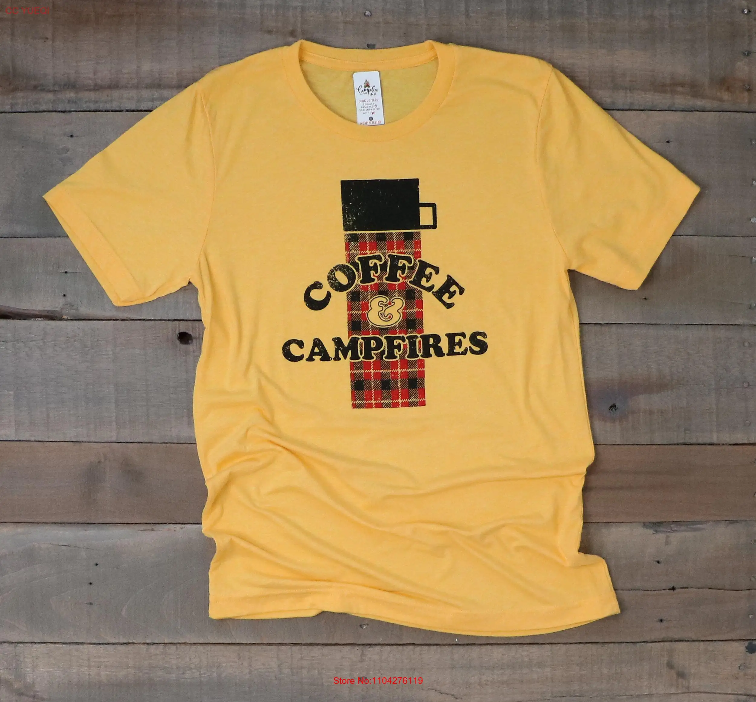 coffee campfires shirt camping soft graphic tee plaid T outdoor unisex gift for campers bonfire gold