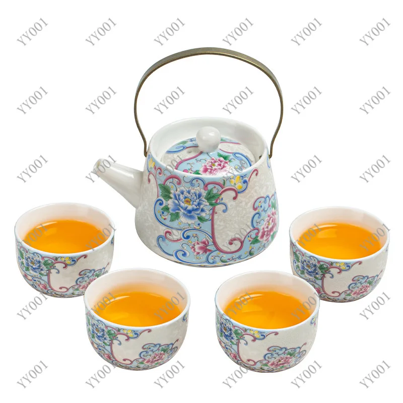 Enamel Handmade Silver Handle Teapot Set 1 Pot 4 Cups Kung Fu Tea Set Business Gift